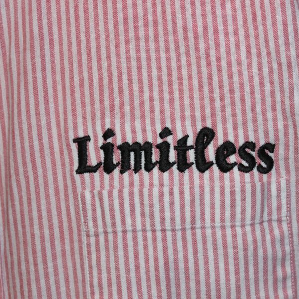Upcycled Button-Up Short Sleeve Collared Shirt Magenta White Stripes, Direct-to-Film & Embroidery, Size Large Thumbnail