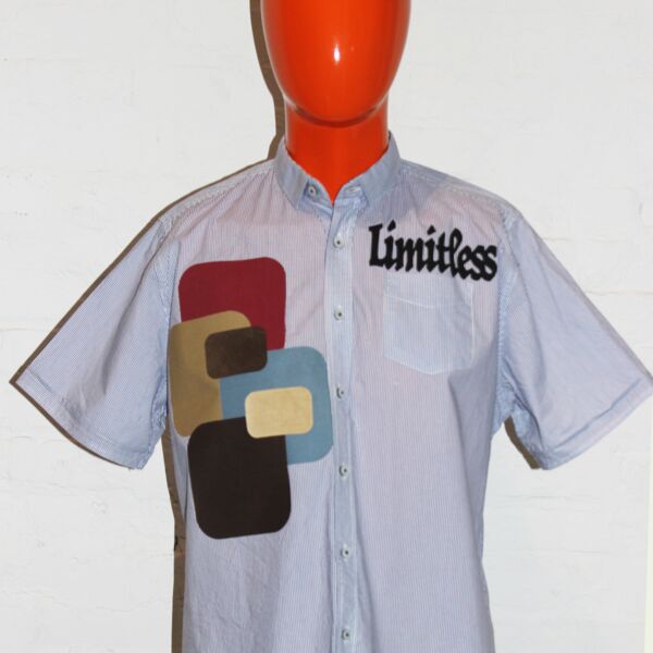 Upcycled Button-Up Short Sleeve Collared Shirt Blue White Stripes, Fabric Patches & Foam Text, Size Large Thumbnail