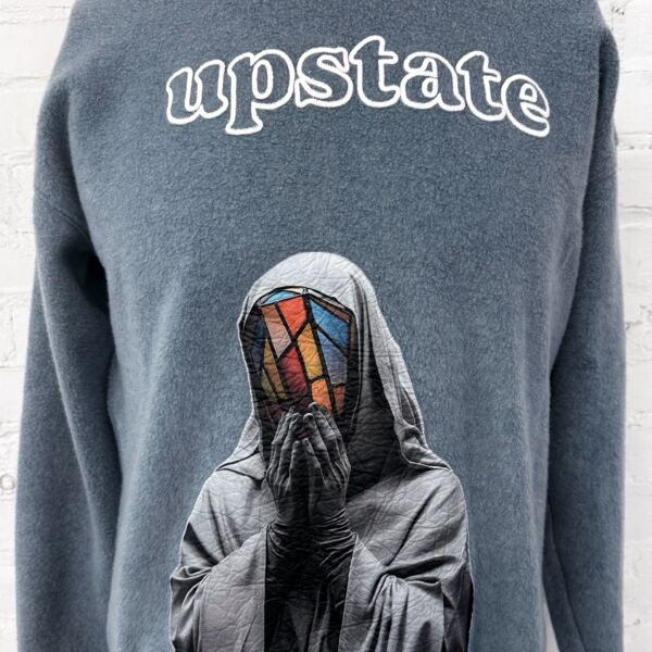 Upcycled Upstate Stained Glass Image Bella Fleece Crewneck Steel Blue, Size Unisex Medium Thumbnail