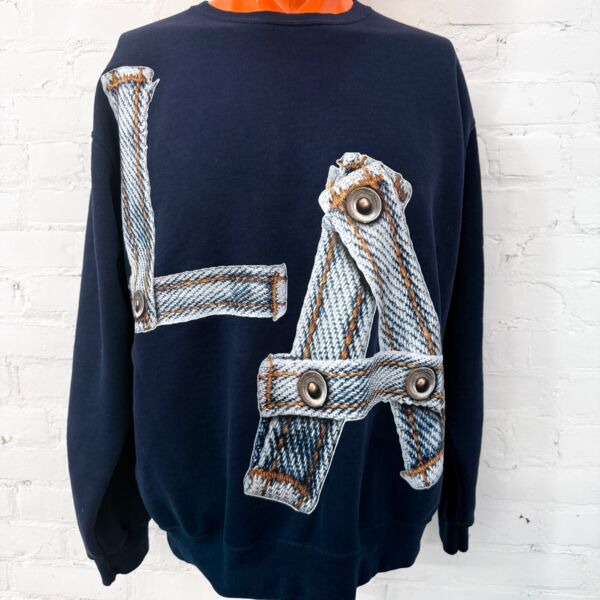 LA Crew Neck Sweatshirt Direct-to-Film Printed Denim, Size Unisex L, Fruit of the Loom Navy Blue Thumbnail